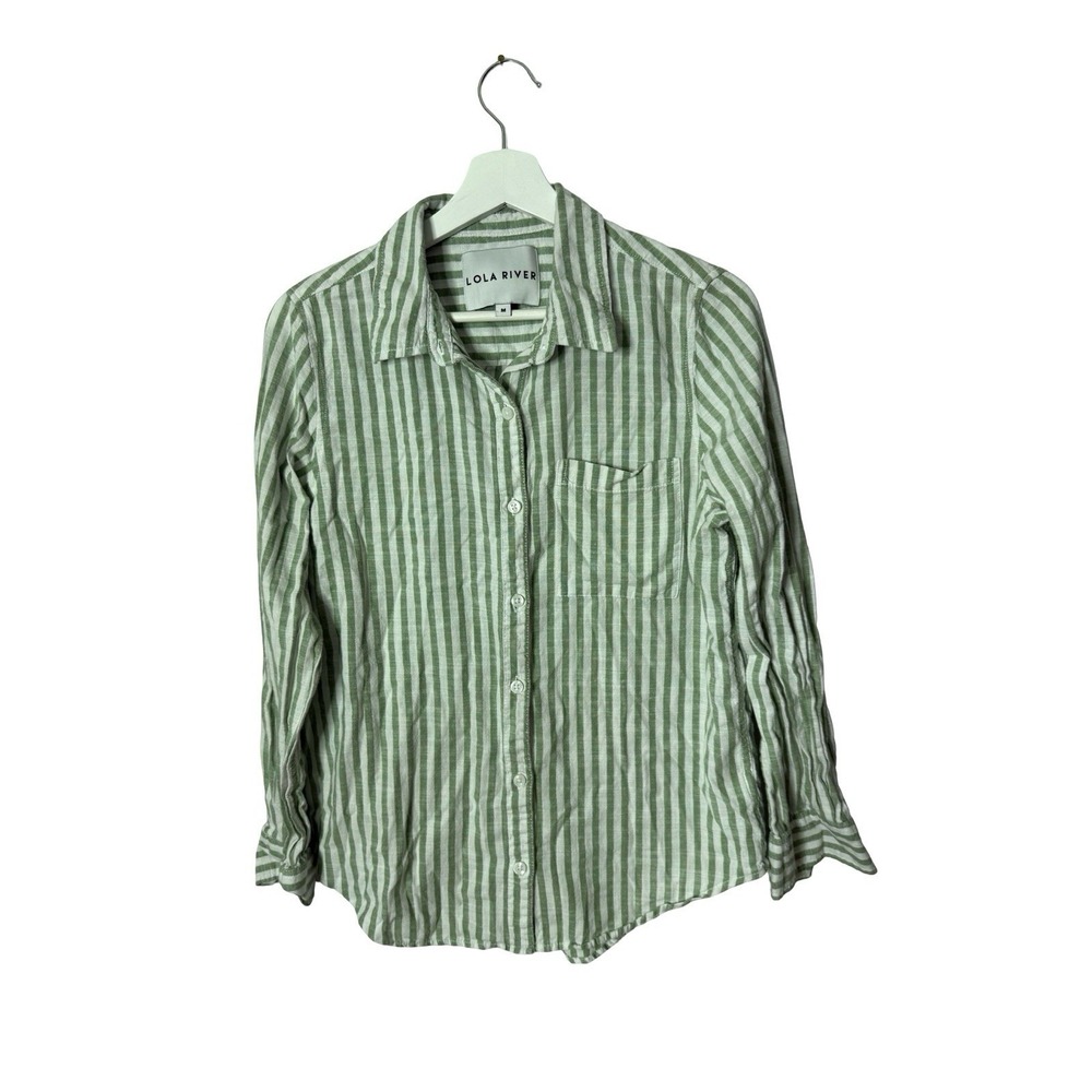 Striped Long Button Down Shirt Green & White By LOLA RIVER‎ Size M